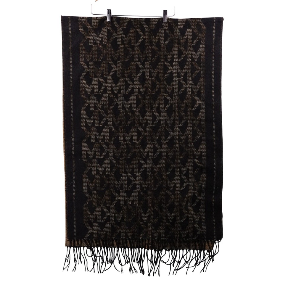 Michael Kors MK Monogram Scarf Black Gold‎ Reversible Fringe New w/o Tags